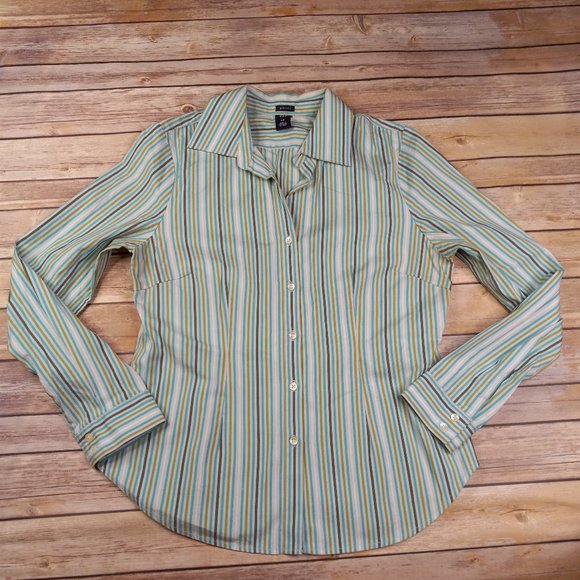 Gap Stretch M Shirt Open V Neck Button Front Fitted Blue Green Striped - Picture 1 of 5